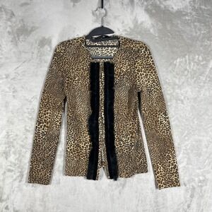 Monkey Wear Cardigan Sweater Women 10P Brown Leopard Faux Fur Trim Chic Mob Wife